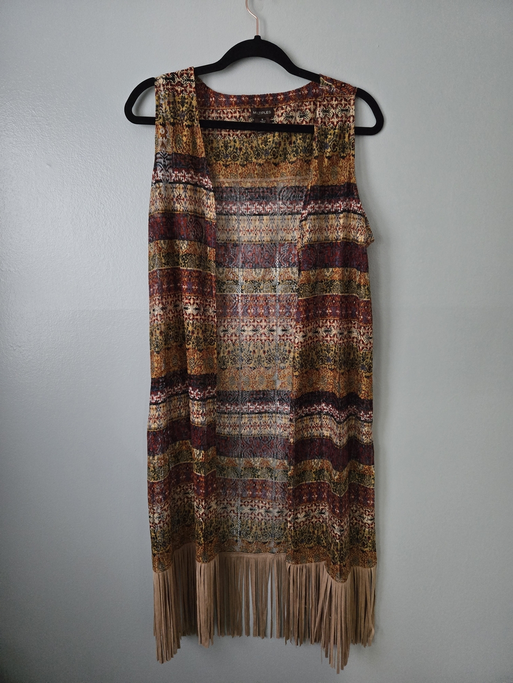 Multiples Boho Fringe Sleeveless Vest Festival Concert Earth Tone Pattern Small